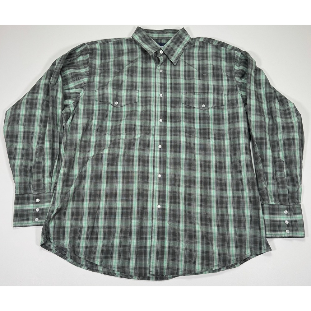 Wrangler Western Pearl Snap Shirt Men's XL Mint Green Black Plaid Long Sleeve